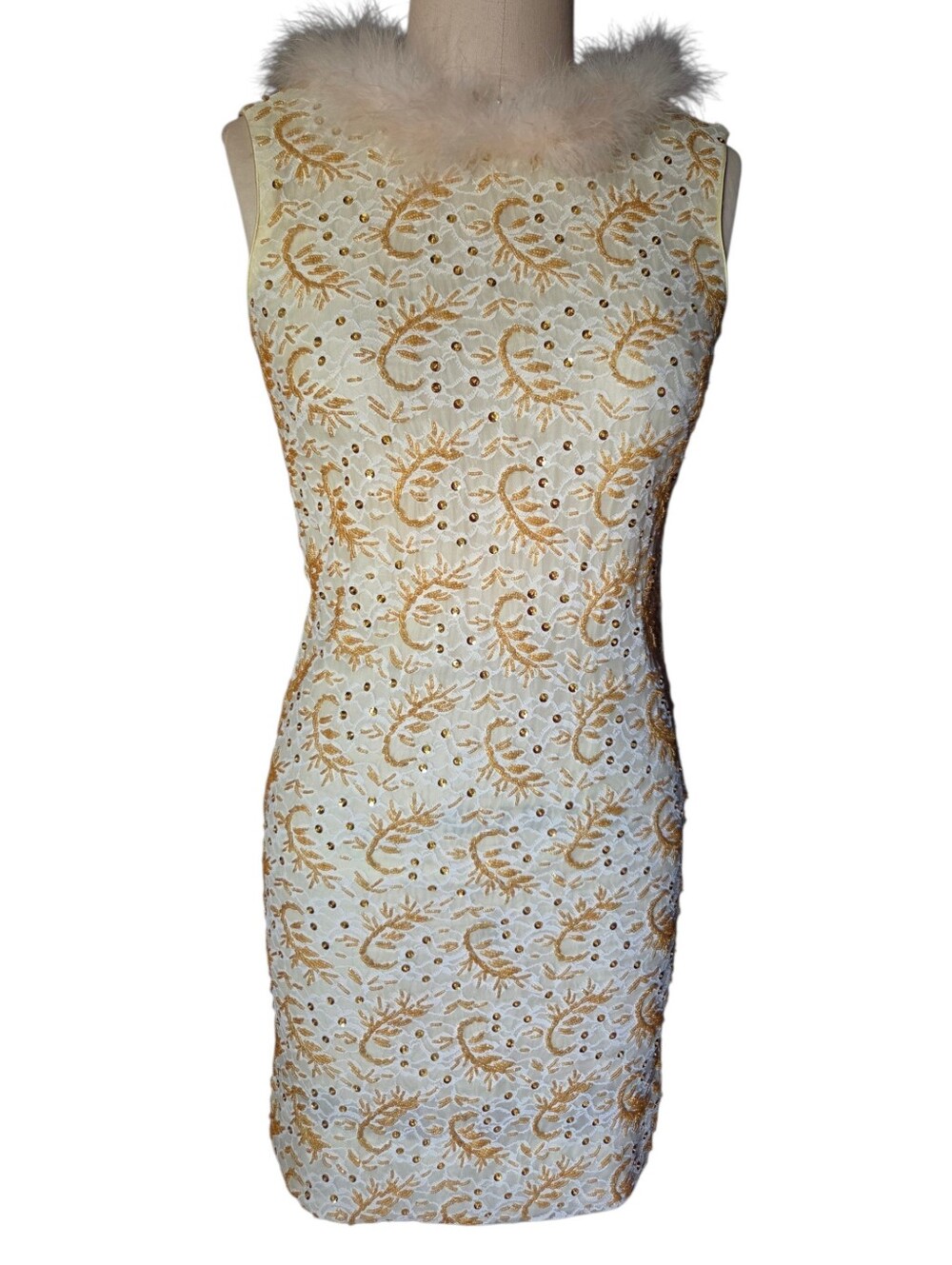 Vintage 1960's Cream & Gold Lacw Beaded Sequin Dress with Marabou Xsmall Xs